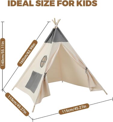 Kinder Tipi Zelt - класичне індіанське намет для дітей, бавовняний намет для дівчаток та хлопчиків з сумкою, складане ігрове будиночок для дому та на вулицю