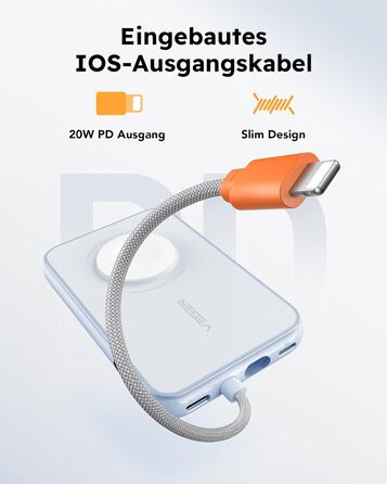 Вт PD, 5000 мАг, зарядка для кабелю Apple і годинника, USB-C, LED-дисплей, синій, 20