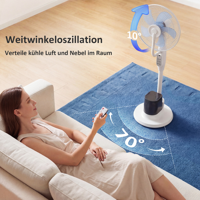 Підлоговий вентилятор з функцією зволоження, осциляція 70°, 3 швидкості, 3 режими, резервуар для води 3,5 л, білий