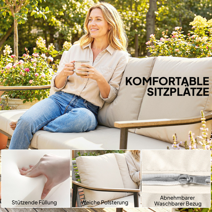 Розкішний садовий диван на 3 особи з ротангу, знімними подушками, імітацією дерев'яних підлокітників та сталевим каркасом. Колір: хакі.