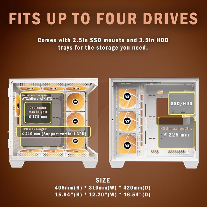 Ігровий корпус KEDIERS H9 ATX Mid Tower з 9 ARGB вентиляторами, подвійне загартоване скло, білий, для комп'ютера