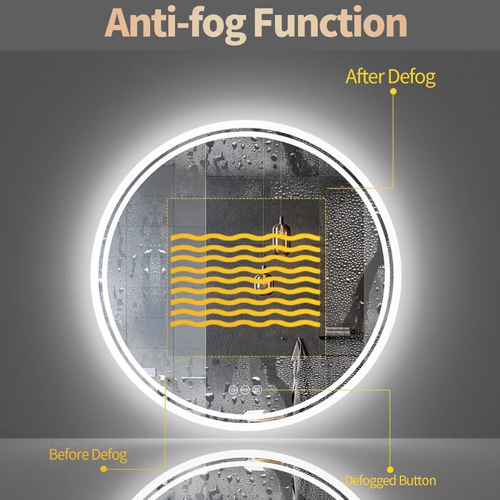 Дзеркало для ванної кімнати LUVODI кругле з підсвічуванням: LED дзеркало 60 см з регульованою яскравістю, 3 кольори світла, сенсорне управління, запобігання запотіванню, енергозбереження, для ванної кімнати, гостьового туалету