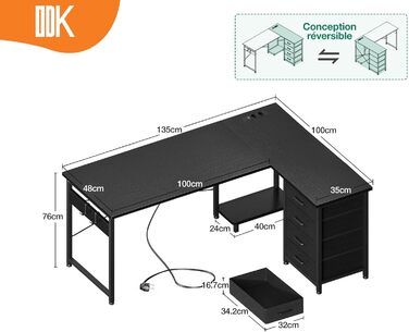 Письмовий стіл ODK L-подібний з ящиками, розетками, USB, двосторонній, 135100см, чорний