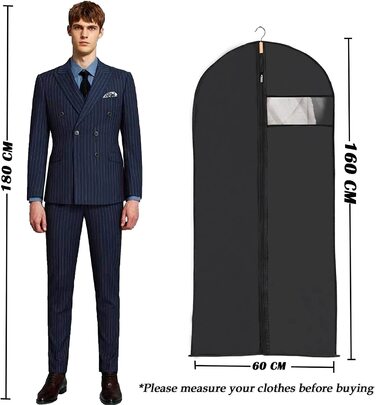 Сумка для одягу Niviy, костюм з 6 предметів, високоякісна сумка для одягу, прозора дихаюча тканина 60x100 см, для костюмів, пальто, піджаки, сорочки, вечірні сукні, сумка для костюмів, чохол для одягу (повністю чорний, 60X160 см)
