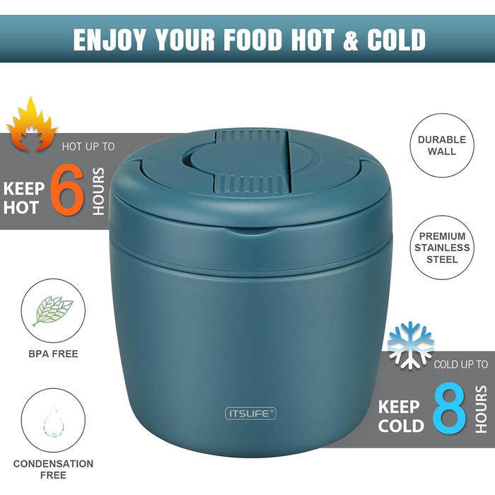 Термоконтейнер для їжі Itslife 970 мл, термоконтейнер з кришкою, з нержавіючої сталі з ложкою, термотермос для їжі, ланч-бокс для супів, дитячого харчування, каші (зелений, світло-блакитний)