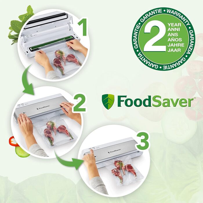 Компактний вакууматор FoodSaver VS0100X з ручним пристроєм для вакуумування, сріблястий (1 рулон та 4 пакети в комплекті)