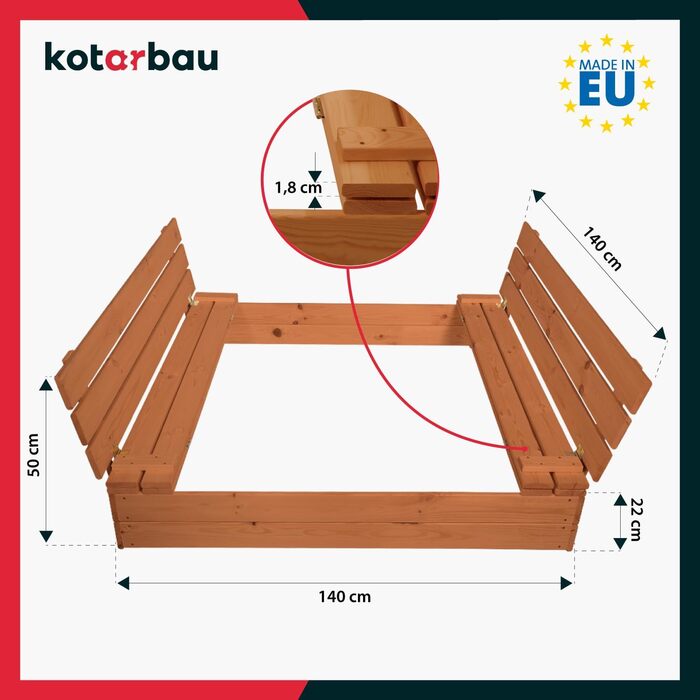 Пісочниця KOTARBAU® з кришкою, 120x120 см, з лавками, дерево, оброблена, пісочниця з кришкою