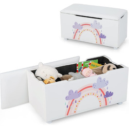 Дерев'яний ящик для іграшок DREAMADE з м'якою оббивкою, 75x36x38см, лавка для дітей, скриня для іграшок зі знімною кришкою, дитячий скринька, ящик для зберігання для дитячої кімнати (білий - веселка)