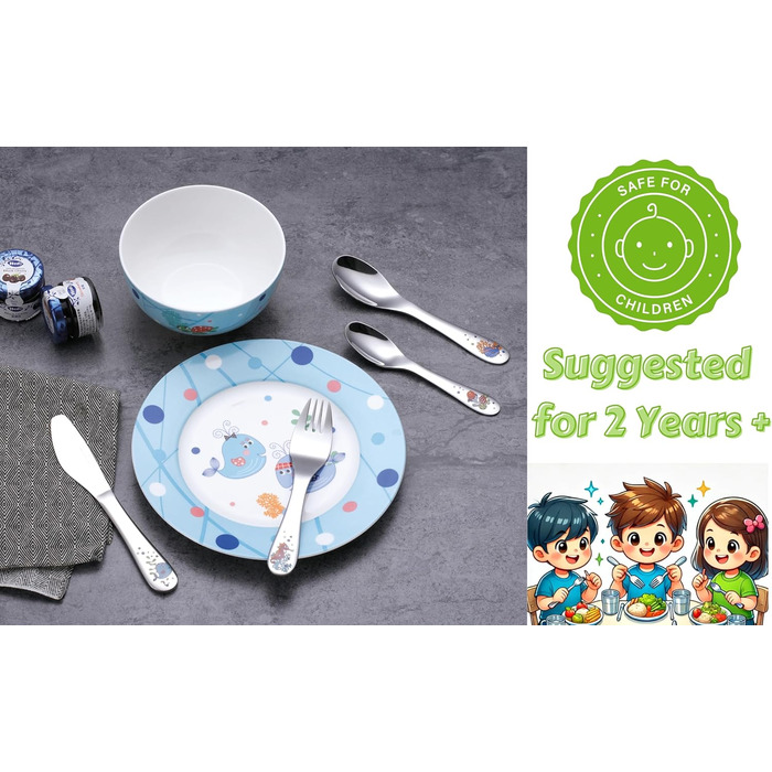 Набір дитячого посуду Exzact з нержавіючої сталі (6 шт.) - миска, тарілка, ніж, виделка, ложка для чаю, столова ложка - подарункова коробка