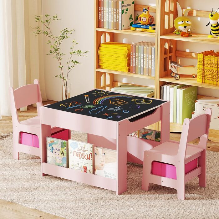 Дитячий стіл LIFEZEAL 3 в 1 з 2 стільцями: стіл для малювання, активностей та обіду. Дерев'яна дитяча група з місцем для зберігання (Рожевий)