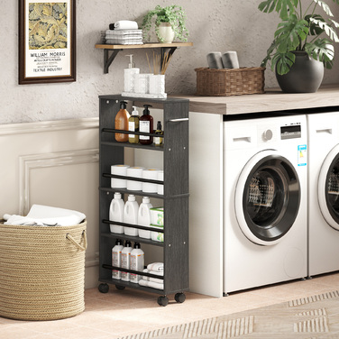 Багатофункціональна полиця на колесах, вузький дизайн, 4 відділення, 45x15x91 см, Чорний