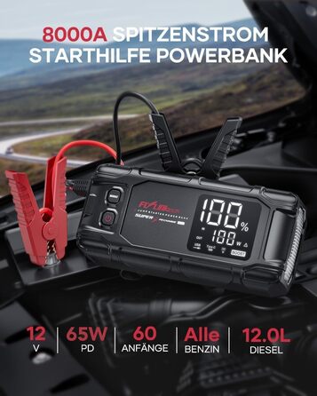 Powerbank Flylinktech 8000A для авто: стрибок старту, 26800mAh, PD65W, 8000A, для бензинових та дизельних двигунів (до 12.0L)