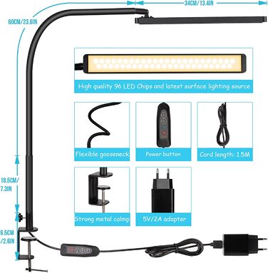 Світлодіодна настільна лампа з затискачем, 14 Вт затискна лампа з гусячою шиєю, робоча лампа для архітекторів 1100 лм 5 кольорів X 10 рівнів яскравості з регульованою яскравістю, затискна лампа для захисту очей, Офісна настільна лампа, чорний гусяча шия ч