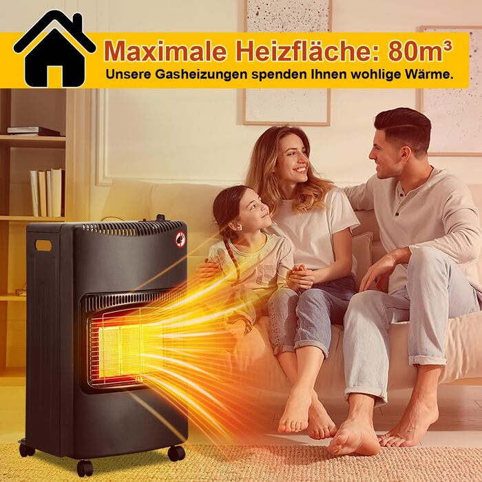 Газовий опалювальний камін з 3-ма рівнями регулювання потужності 1400-4200 Вт, об'єм нагріву до 80 м³, сумісний з балонами бутан/пропан до 10 кг, з газовим редуктором та шлангом