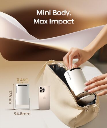 Міні-проектор Alwtniet 4K з Wi-Fi 6, Bluetooth 5.4, 5W динаміком, автоматичною корекцією трапецеїдальних спотворень, поворотним на 180°, портативний для дому та вулиці, Android 11 (ручний фокус)