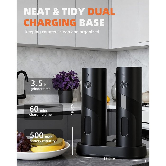 Електричний набір для солі та перцю з зарядною станцією, об'єм 110 мл, перезаряджувана млинка для солі з 5 рівнями, керамічна млинка з щіткою, 2 шт., чорний