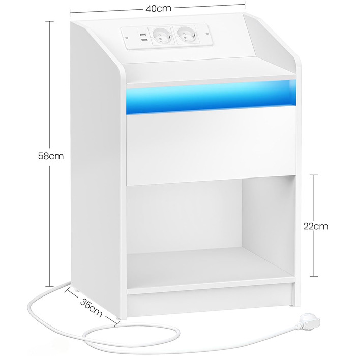 Приліжкова тумбочка Hzuaneri зі світлодіодом, зарядна станція, ящик, 2 USB, 2 розетки, білий, NS09104X