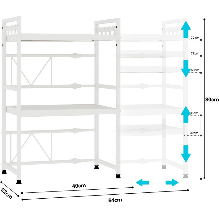 Регульована полиця для мікрохвильової печі, розширювана стійка-організатор для кухні, міцна з вуглецевої сталі, з 8 гачками (3-рівні, білий)