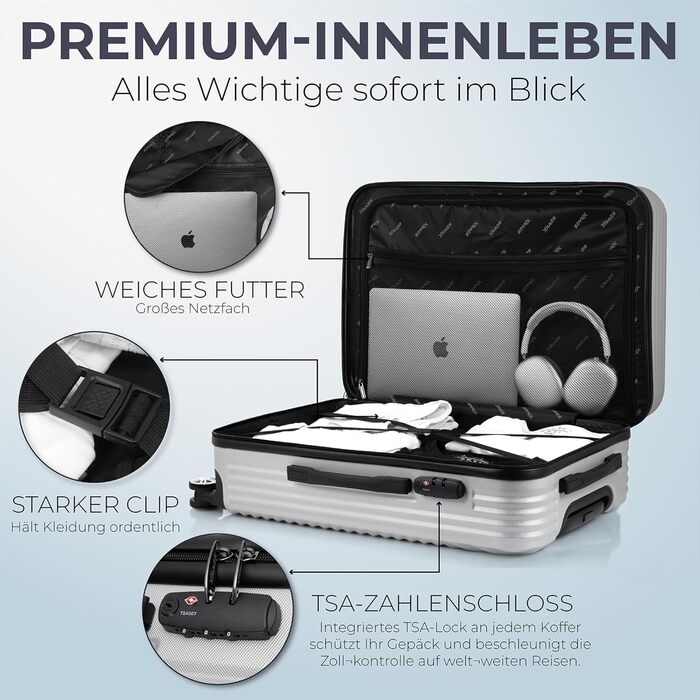 Набір валіз xRace 3-частинний ABS, 20/24/28 дюймів, ручна поклажа, TSA замок, 360° колеса, стійкий до ударів, преміум підкладка (срібний)