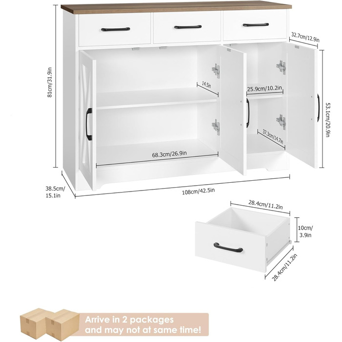 Сайдборд HOCSOK: кухонна шафа з 3 висувними ящиками та 3 дверцятами, буфет з робочою поверхнею, для кухні, їдальні, вітальні, дерево, білий & коричневий