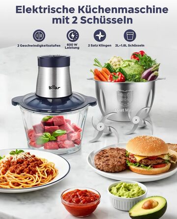 М'ясорубка електрична Bear 2л + 1.8л, подрібнювач зі скляною та нержавіючою сталлю, 600W, 2 швидкості, 4 сталеві ножі для м'яса, дитячого харчування, овочів та фруктів