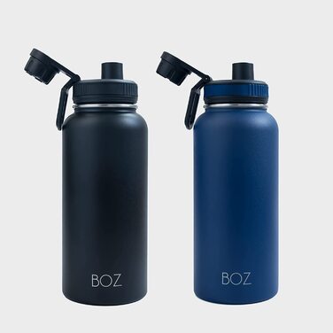 Пляшка для пиття з нержавіючої сталі BOZ XL (1 л / 32 Унції) з широкою шийкою, без бісфенолу А, з вакуумною ізоляцією з подвійними стінками (2 упаковки синій і чорний)