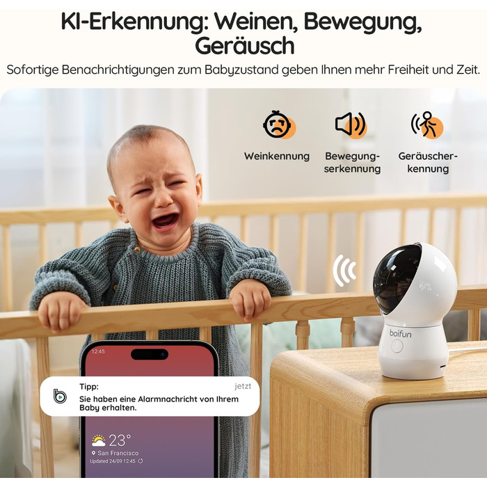 Відеоняня BOIFUN з камерою Wi-Fi 4MP, моніторинг через додаток, виявлення положення дитини, нічник, нічна зйомка, датчик руху/плачу/звуку, автотрекінг, сповіщення про вихід за межі зони