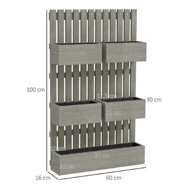 Підвищене грядка з дерева, регульована грядка для вирощування рослин з опорою для ліан, теплиця для розсади, садовий грядка 60x16x100 см, сірий