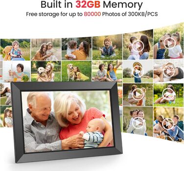 FRAMEO Цифровий фотоальбом 10.1 дюйма з Wi-Fi, IPS сенсорний екран, 32GB пам'яті, автоповорот, чорний