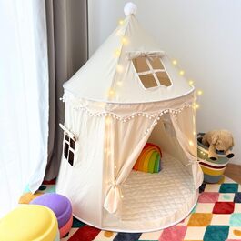Намет для дітей Tipi з м'якого бавовняного полотна Silky-Cotton | Бежевий, 1 вхід, 3 вікна, Tasche & Bodenmatte | Стабільний намет-іграшка для хлопчиків та дівчаток
