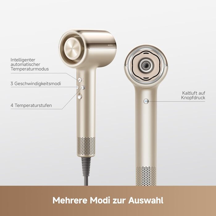 Фен для волосся MOVA Shine 20 з дифузором, високошвидкісним двигуном та плазмовим доглядом, NTC-контролем температури, Gold