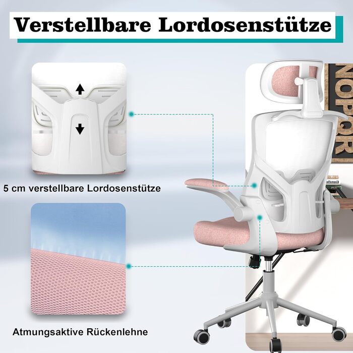 Ергономічне крісло для офісу з регульованою підголівником та поперековою підтримкою – високе офісне крісло з сітчатим спинком та м'яким сидінням, вішалка для одягу та функцією блокування (білий та рожевий)