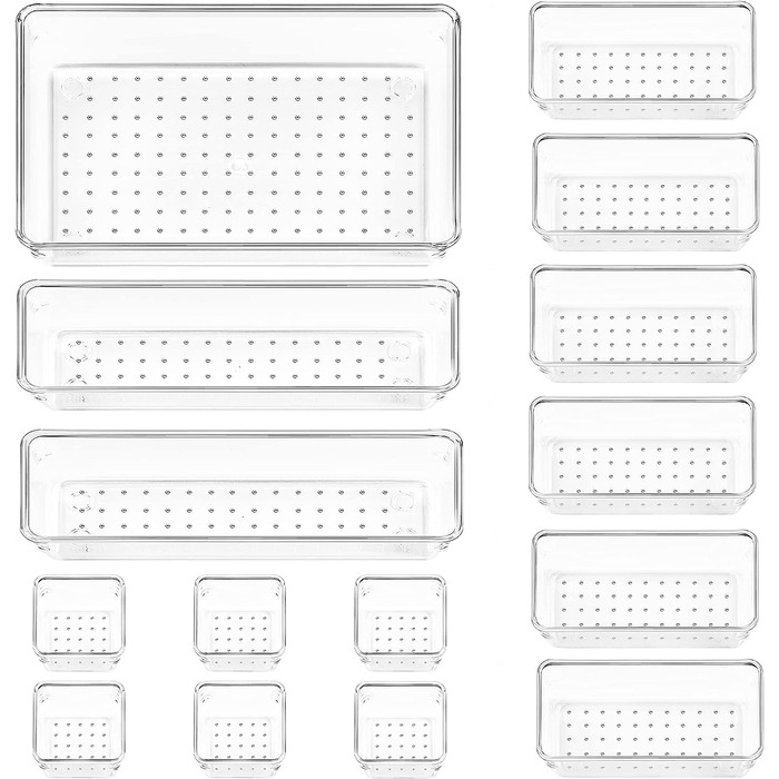 Органайзер для ящиків 15 шт. , 4 розміри, прозорий пластик, для макіяжу, кухні, офісу, шафи
