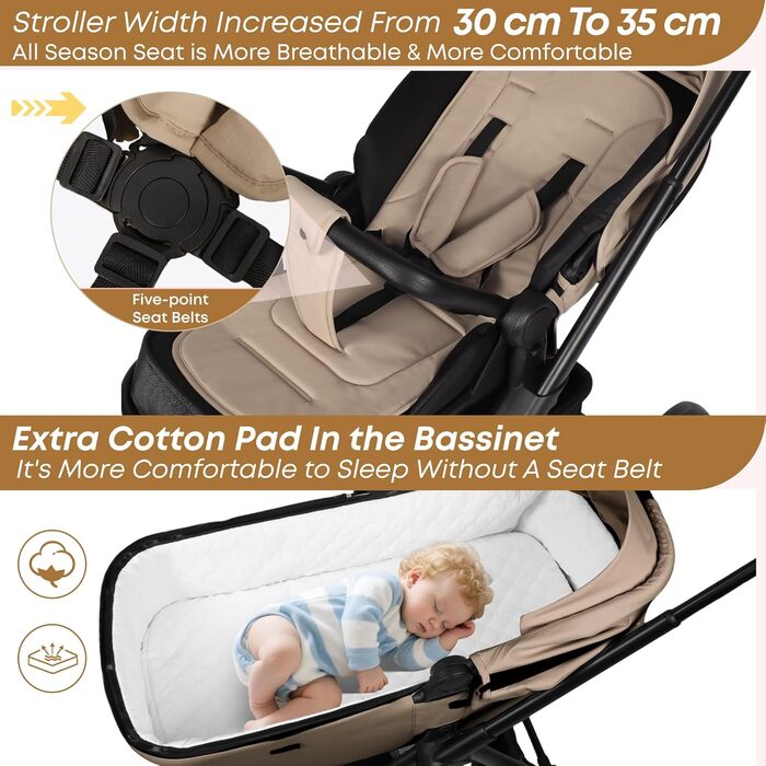 Дитяча коляска 2-в-1 BabyVoyage з люлькою та прогулянковим блоком, поворотні колеса 360°, амортизація, регульована ручка, складана, колір зелений (хакі)