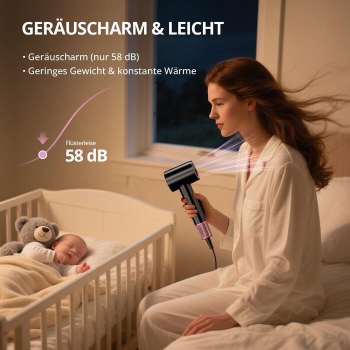 Іонний фен для волосся з безщіточковим мотором 180 000 об/хв, компактний дорожній фен з 4 режимами температури та захистом від перегріву, чорний