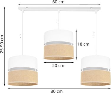 Підвісний світильник Light-Home Juta - Стельовий світильник - Металевий підвісний світильник з тканинним абажуром - E27 - Класичний 3-Light 20 см - Чорний п'єдестал - (Білий джут, біла основа - 3-полум'я)