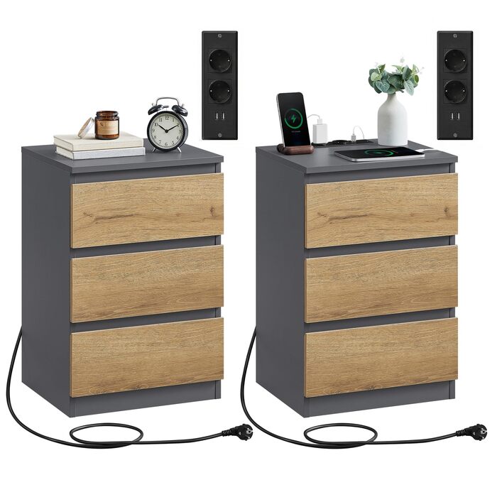 Приліжкові тумбочки VASAGLE Kailyn (2 шт.) з розетками, 3 шухляди, сірий + коричневий, LET831G01