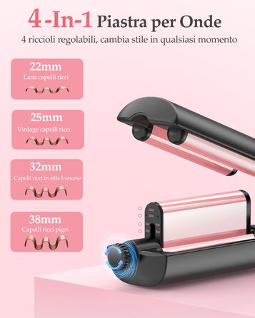 4-в-1 Випрямляч та завивачка для волосся - 22/25/32/38 мм, для створення хвиль, 4 температури (140-210°C), 3 насадки, чорний, Rose