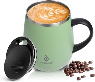 Кружка для кави та чаю Ideus 470 мл з нержавіючої сталі, подвійні стінки, ізольована, з неслизьким ручним тримачем та кришкою-модулем, великий об'єм, колір: трав'яний зелений