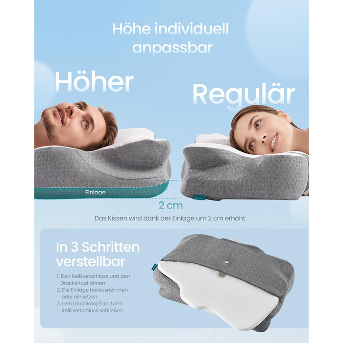 Ергономічна подушка SONGMICS з ефектом пам'яті (Memory Foam), регульована за висотою, для сну на боці, спині та животі, біло-сіра TBP051GZ02