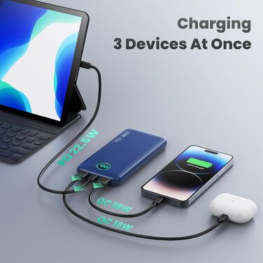 Швидкий зарядний пристрій 22,5 Вт, PD3.0 QC4.0 USB C, РК-дисплей, 3 виходи, синій, 10800mAh