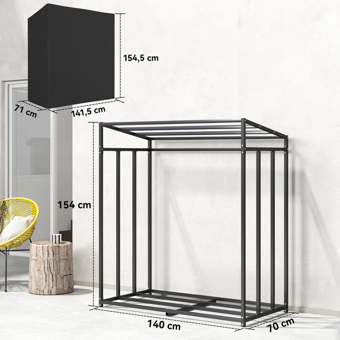 Стійка для дров Outsunny – міцна металева конструкція з тканиною-чохлом, здатна витримувати навантаження до 300 кг. Розміри: 140 x 70 x 154 см. Колір: чорний.