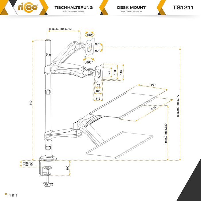 Кріплення для монітора RICOO TS1211: підставка для монітора та клавіатури, робоча станція, VESA, 13-27 дюймів