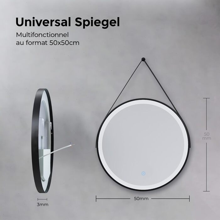Круглий дзеркало для ванної кімнати з підсвічуванням 60см, LED дзеркало з регулюванням яскравості, сенсорне керування, чорна рама, знімна стрічка, 6500K (холодне світло)