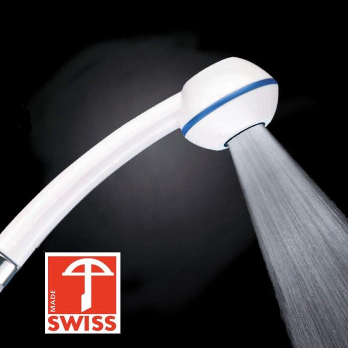 Душова лійка SwissClima VITALIT FEARLESS вода економія коштів для тих, хто любить експериментувати 3-11 л/хв (замість 13-25л), потужний струмінь, насадка дощового струменя, 6 контролерів (f.7 л на виході, SwissMade) (біло-синій)