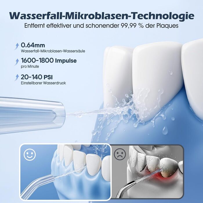 Іригатор для порожнини рота Munddusche - Тест-переможець 2024, професійний, з технологією мікробульбашок, регулювання тиску води, для чищення зубів та брекетів, білий