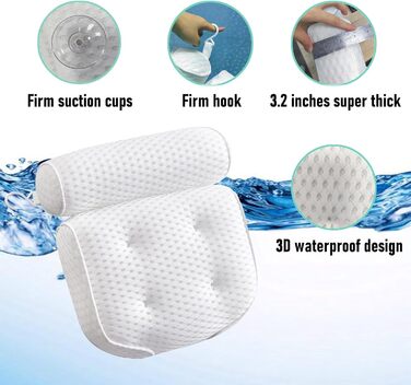 Подушка для ванни з піни Memory Foam, біла, з присосками, 4D вентиляція, 6 присосок, для шиї та спини