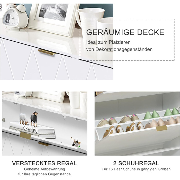 Взуттєва шафа UEV з 2 відкидними дверцятами, 80 x 24 x 120 см, на 16 пар взуття, з 1 висувною шухлядою, біла, вузька, для передпокою, економія місця