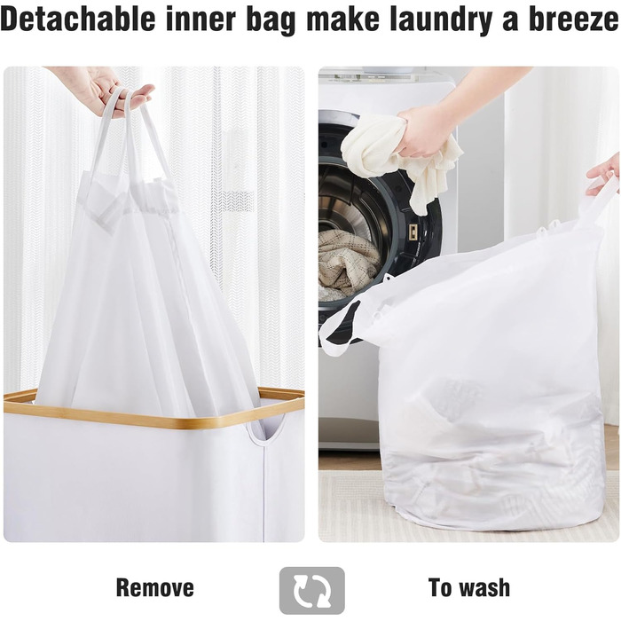 Кошик для білизни Youdenova з кришкою 85л, бамбук та дерево, сортувальник для білизни, великий, складний, білий