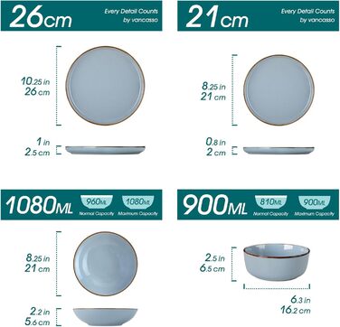 Набір посуду Steingut vancasso LOIRE 24тг. для 6 осіб: тарілки, супові тарілки, десертні тарілки, миски. Сучасний блакитний дизайн, безпечний для мікрохвильовки та посудомийної машини.